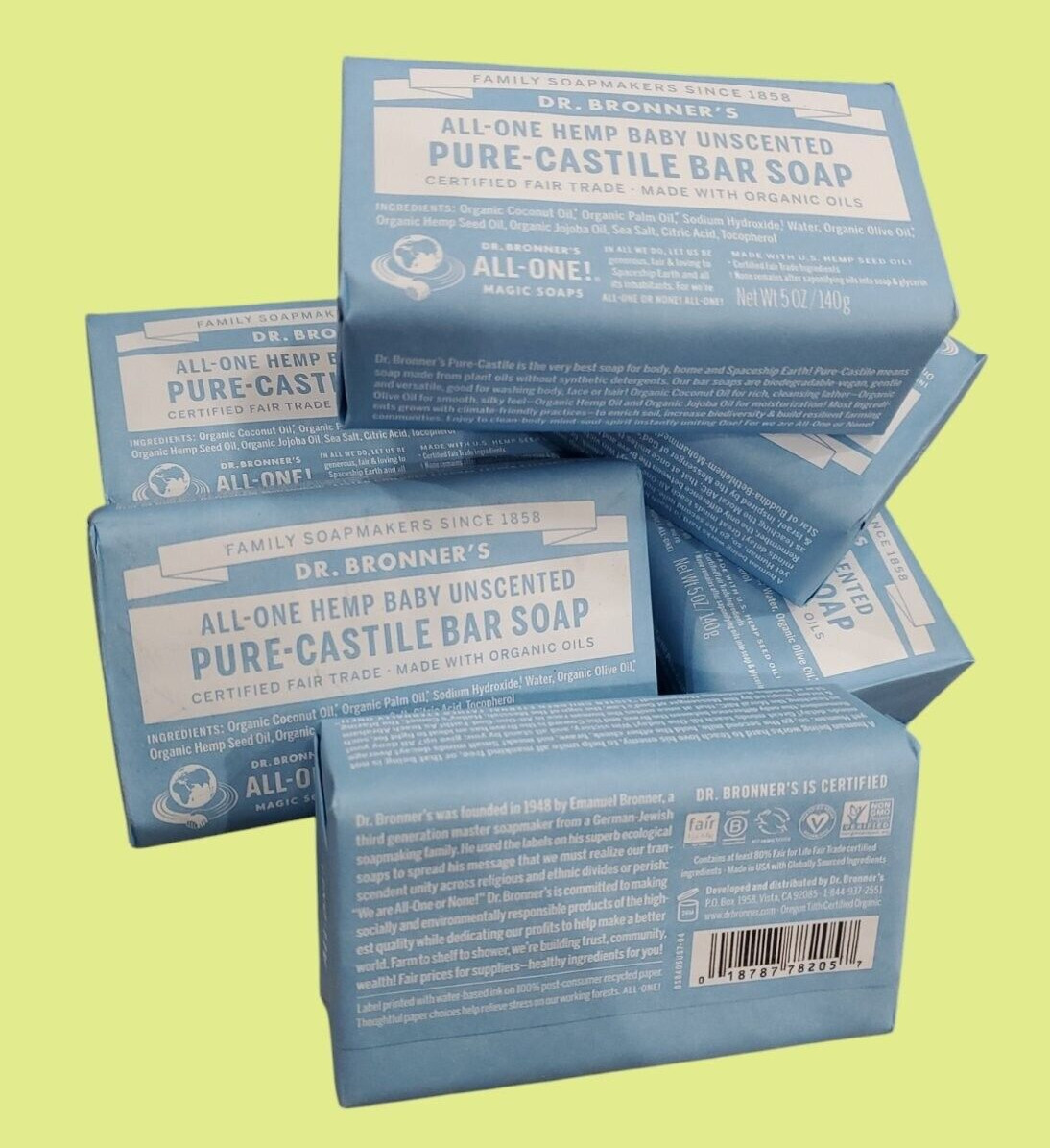 6 Pack Dr Bronner’s All-One Hemp Baby Unscented Pure Castile Bar Soap Organic
