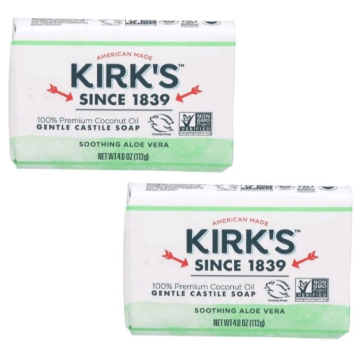 💚 KIRK’S 💚 TWO 4 Oz. Bars 🫧 ●SOOTHING ALOE VERA●🫧 100% 🥥 Coconut Oil Soap.