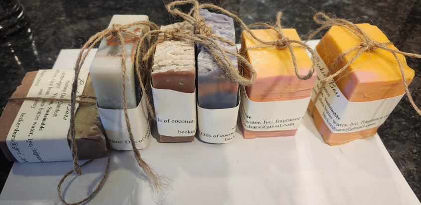Lot of 13 beutiful handmade soaps, Oils of coconut, shea, olive, rice bran, etc.