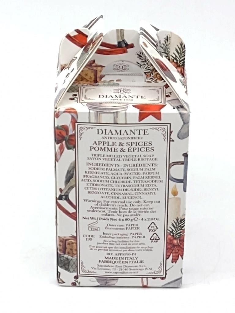 Diamante Apple & Spices Vegetal Soap Set 4 Round Bars 2.8 Oz Each 80g Italy Xmas