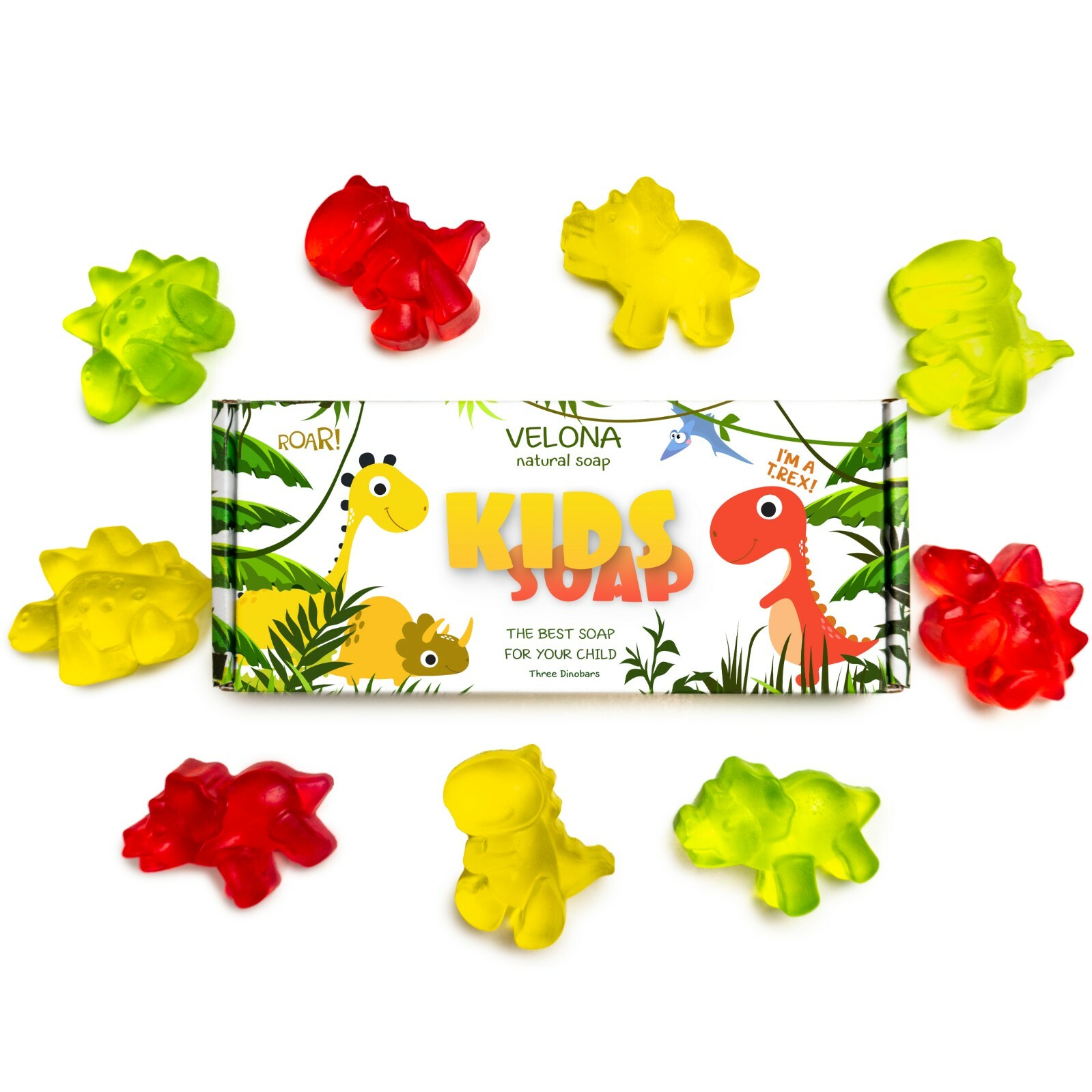 Velona Kids Soap – 3 Dinobars Gift For Girls and Boys Colored Dinosaurs All Skin