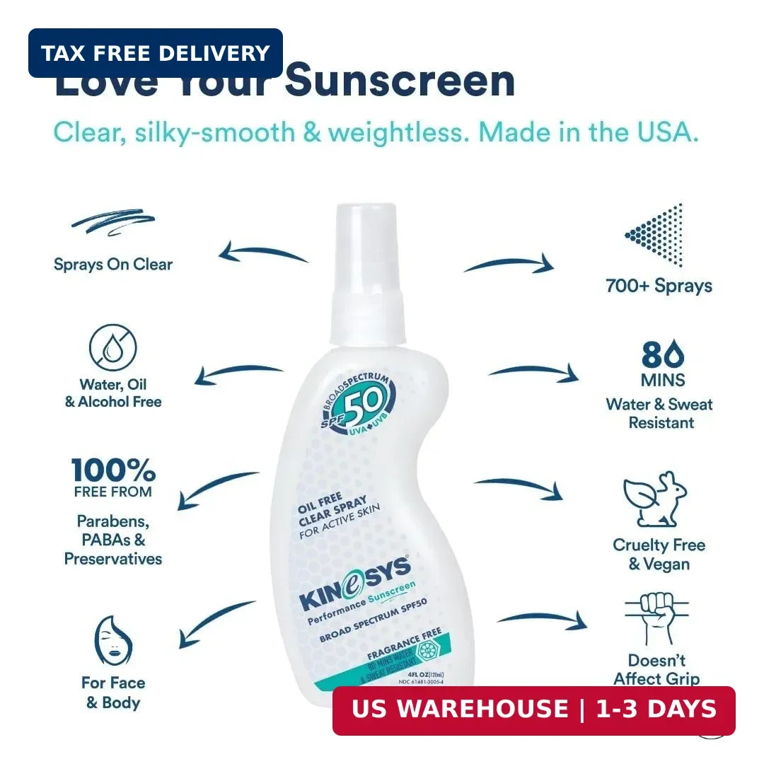 KINeSYS Fragrance Free Clear Spray Sunscreen for sensitive skin, SPF 50, Hypoall
