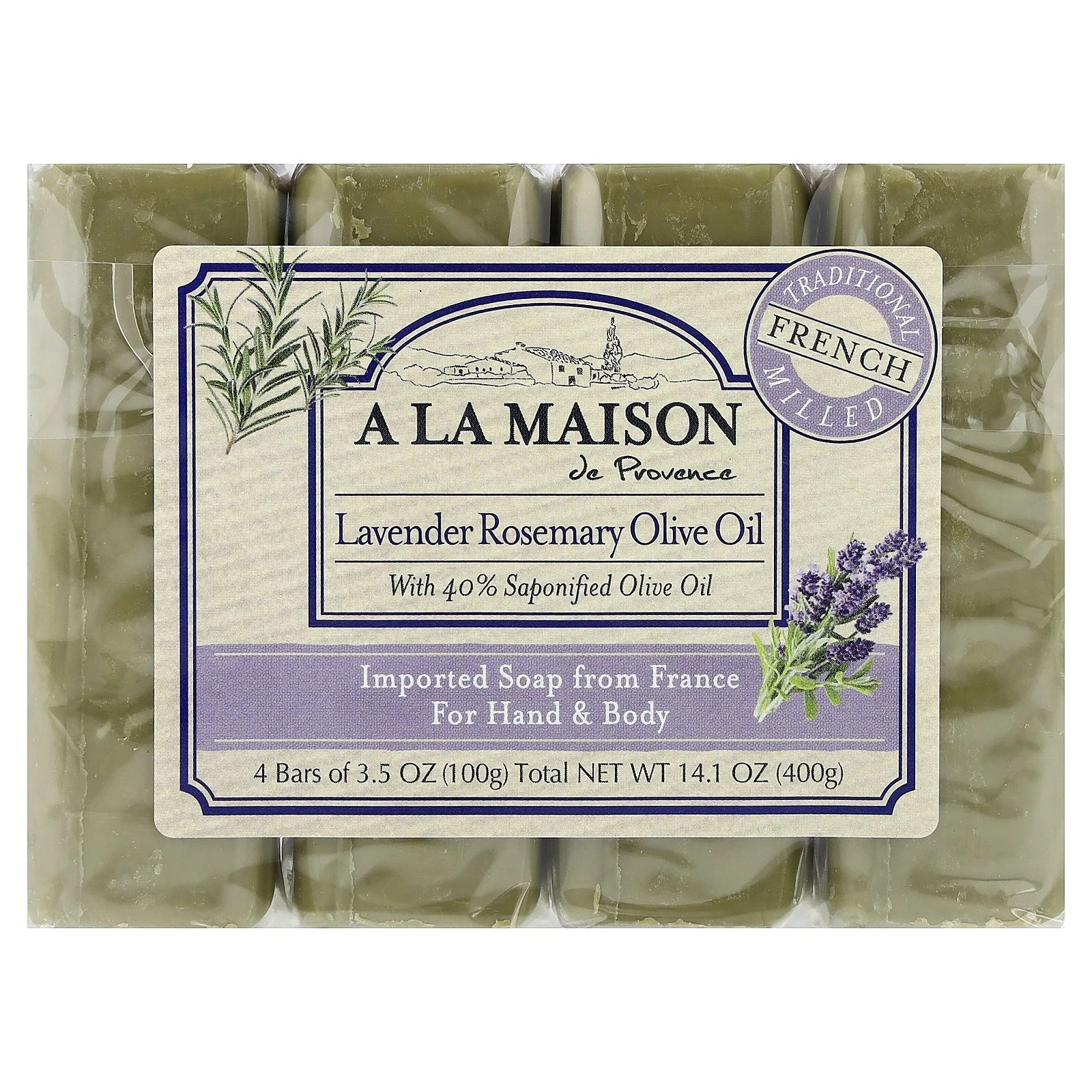 A La Maison French Bar Soap, Lavender Oil, Rosemary/ Olive Oil, 4 Bars , 3.5 Oz