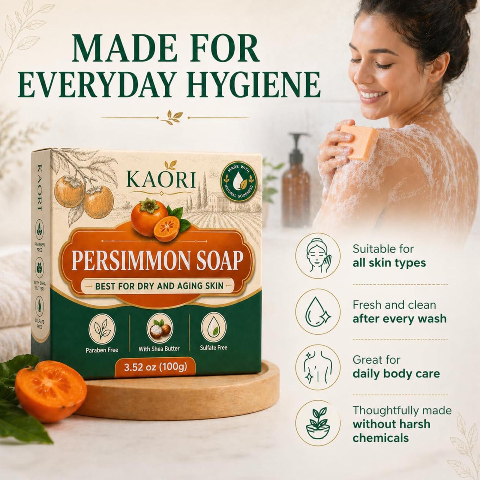 Persimmon Soap Green Tea Extract For Dry Aging Skin Unisex 1pc