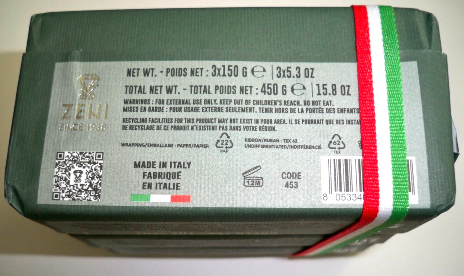 ZENI thé vert GREEN TEA SOAP BAR Made in Italy For Men Fine Triple Milled 15.8oz