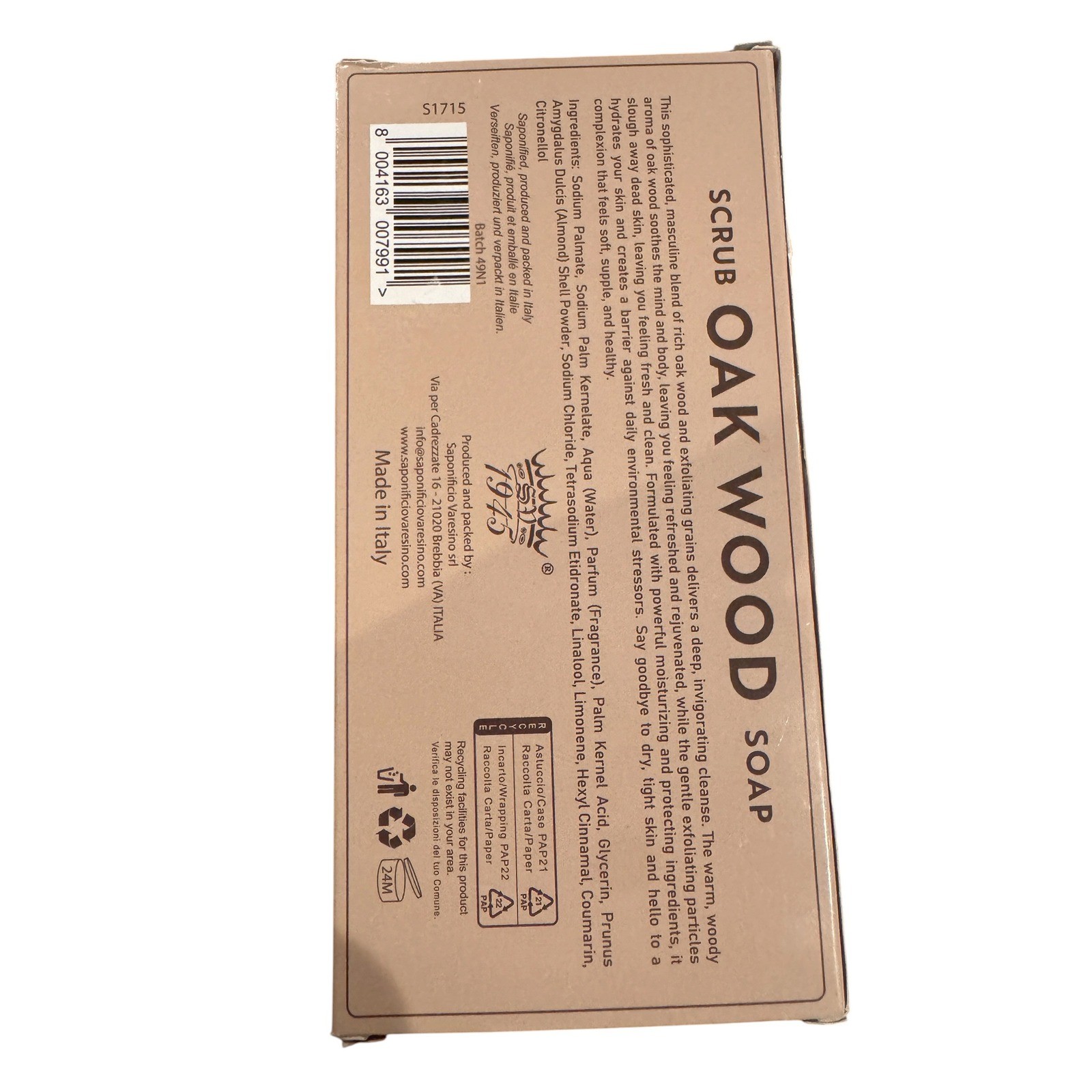Saponificio Varesino 1945 Oak Wood Scrub Soap 450g 15.8oz Made in Italy Mens New