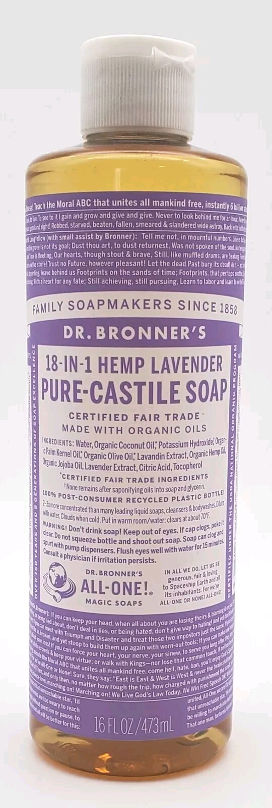 Dr Bronner’s 18-In-1 Hemp Lavender Pure-Castile Soap 16fl oz 473ml