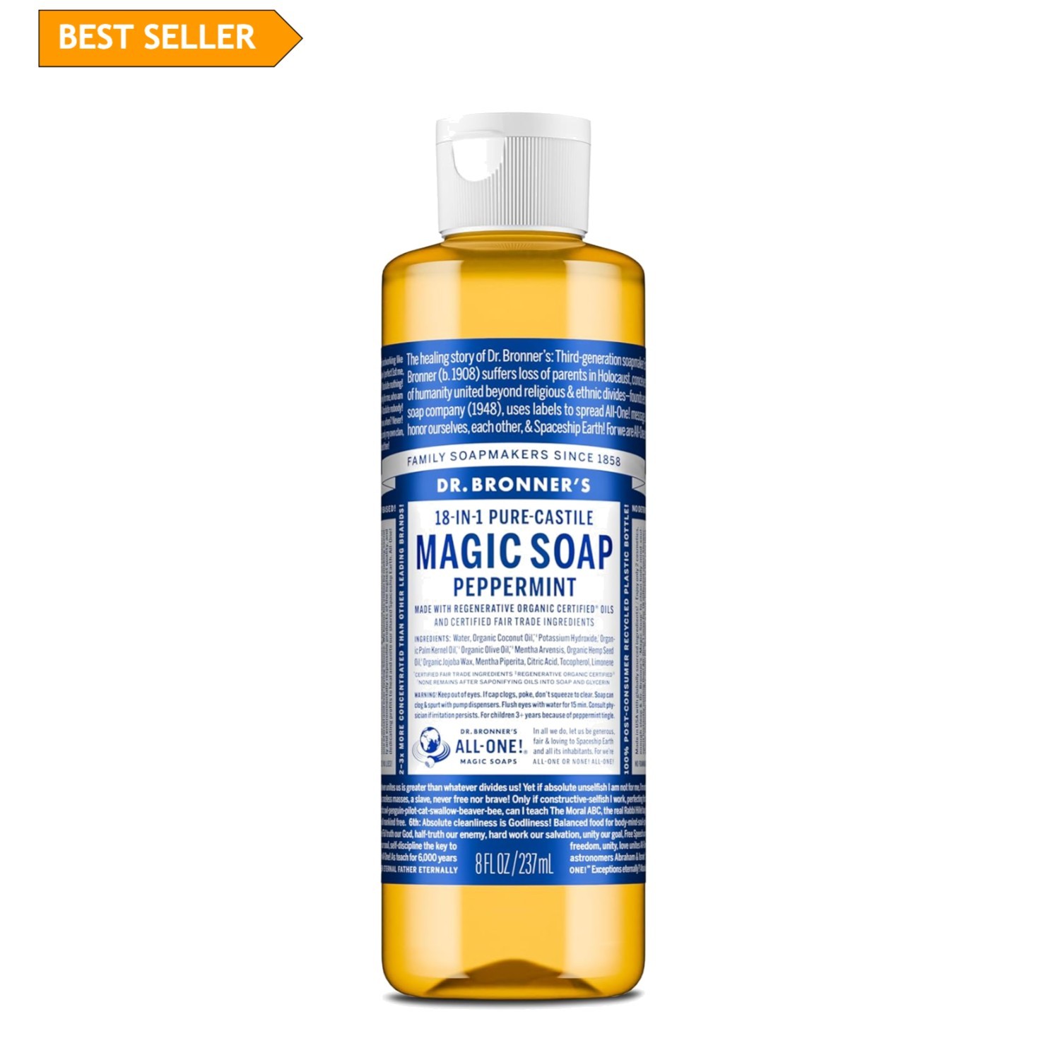 Peppermint Pure-Castile Liquid Soap 8oz, 18-in-1 Uses, Non-GMO, Concentrated