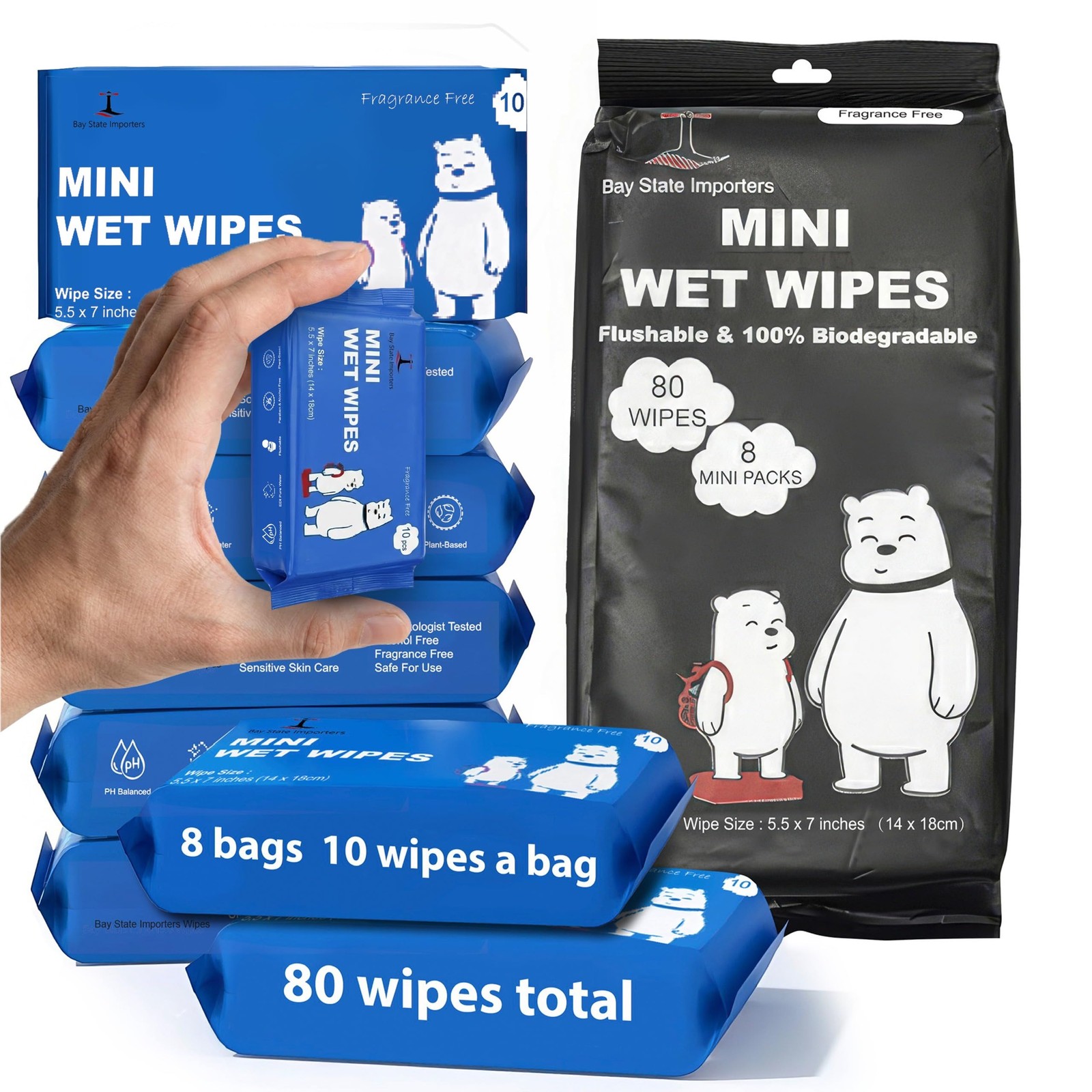 Compact Travel Flushable Wipes, 8 Pack, (80 Total Unscented Wet Wipes)