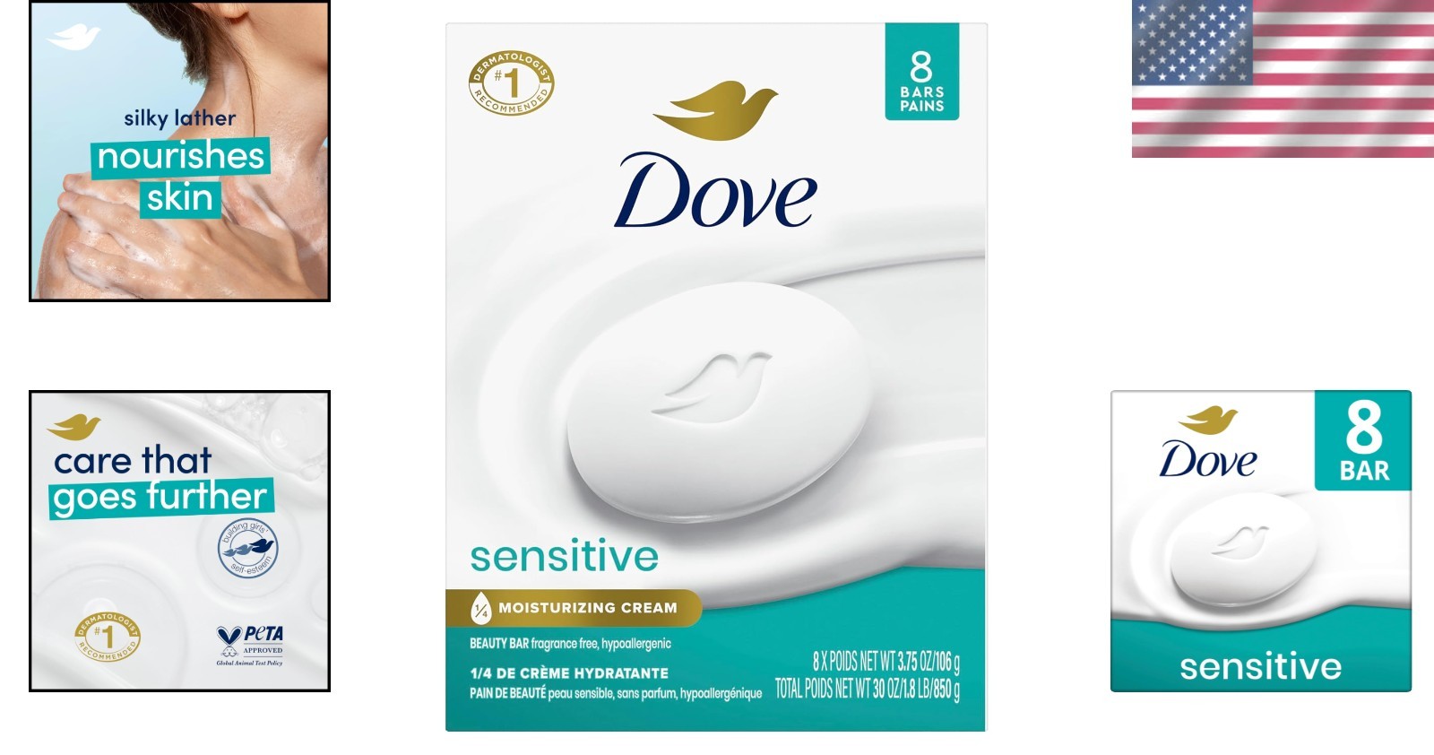 Fragrance-Free Hypoallergenic Beauty Bar Soap for Sensitive Skin (8 Bars)