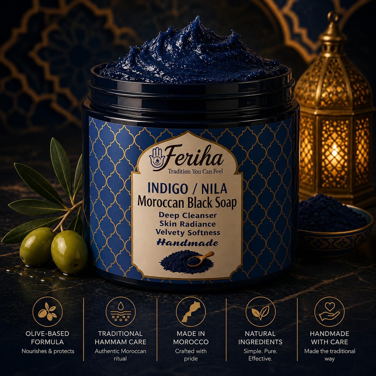 Traditional Moroccan Black Soap with Moroccan Indigo (Nila) – Olive-Based Aut…