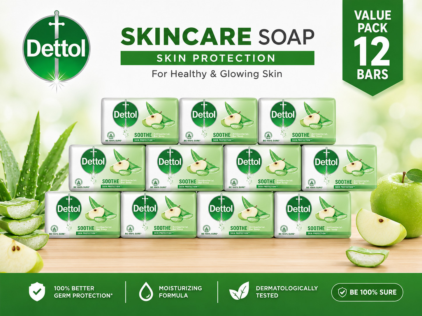 Pack of 12 Dettol Soothe Antibacterial Soap Bar 110g Aloe Vera Bath Soap