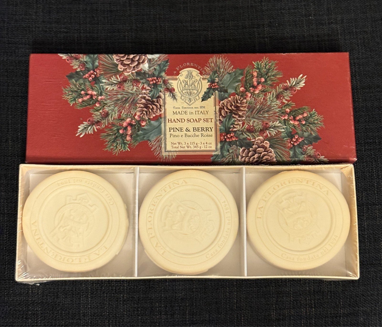 La Florentina Luxury Natural Pine & Berry Bar Soap Set -3x14oz Handmade In Italy