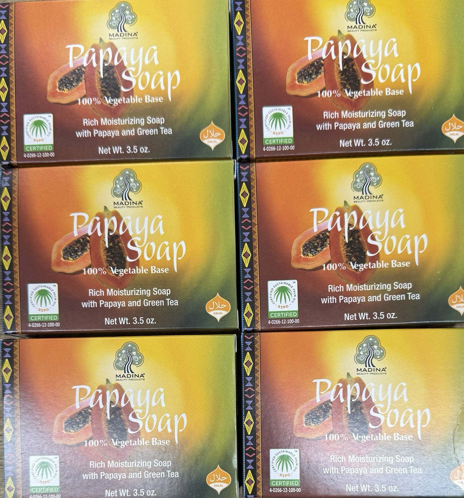 6 Bars Of Madina Papaya and Green Tea Soaps 3.5 oz 100% Vegan Based