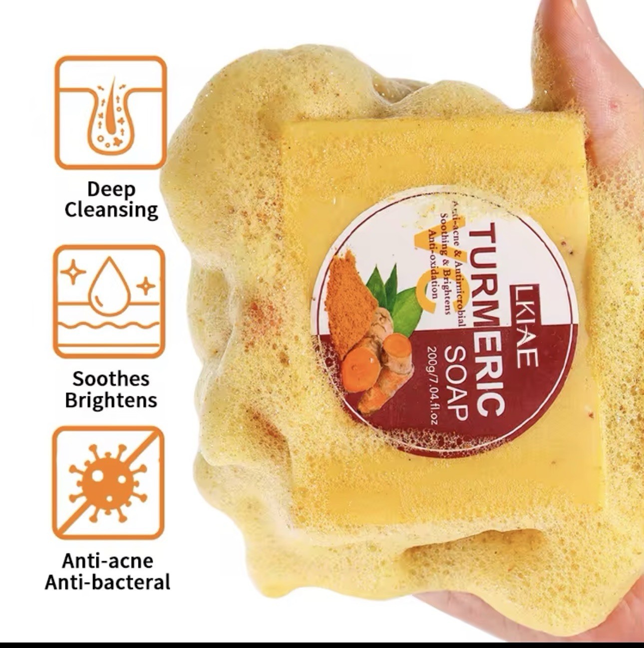 LKIAE VC Turmeric Soap Bar 200g Yellow Rectangular Deep Cleansing Anti-Acne