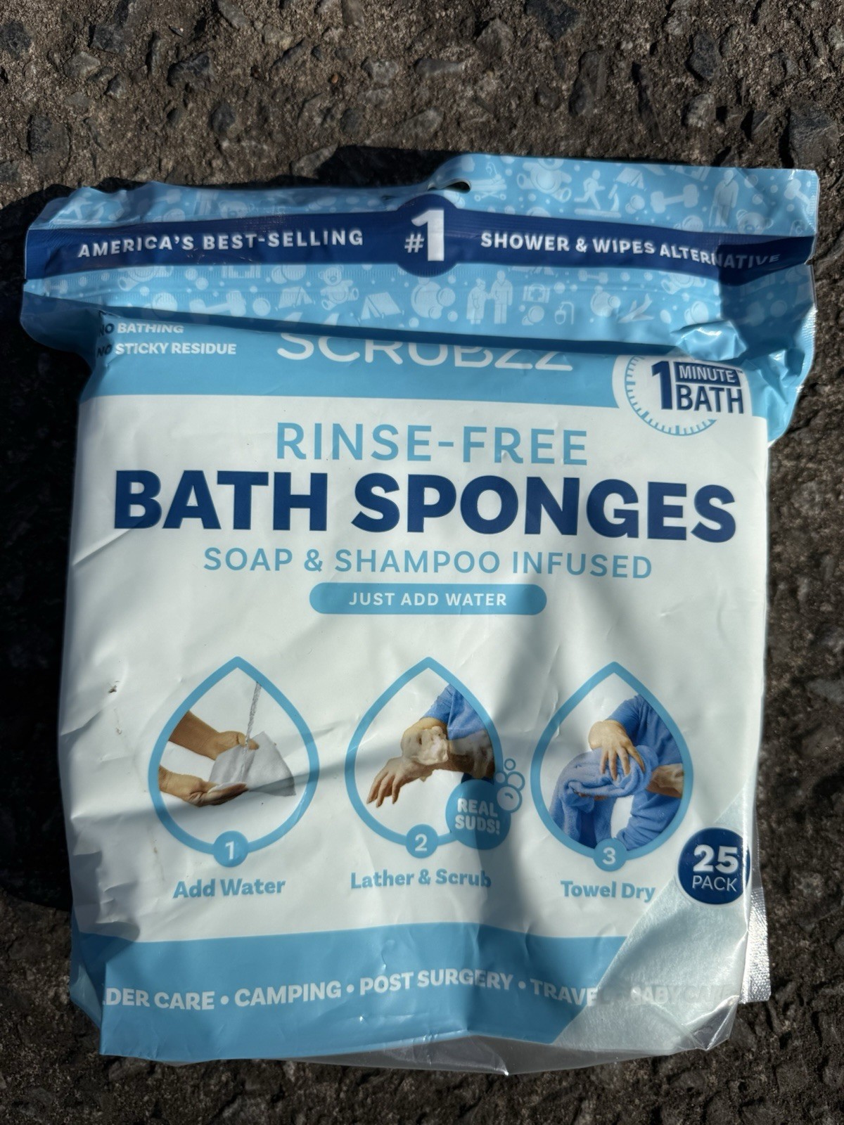 Scrubzz Disposable Rinse Free Bath Sponges Sensitive Skin Soap and Shampoo 25 Ct