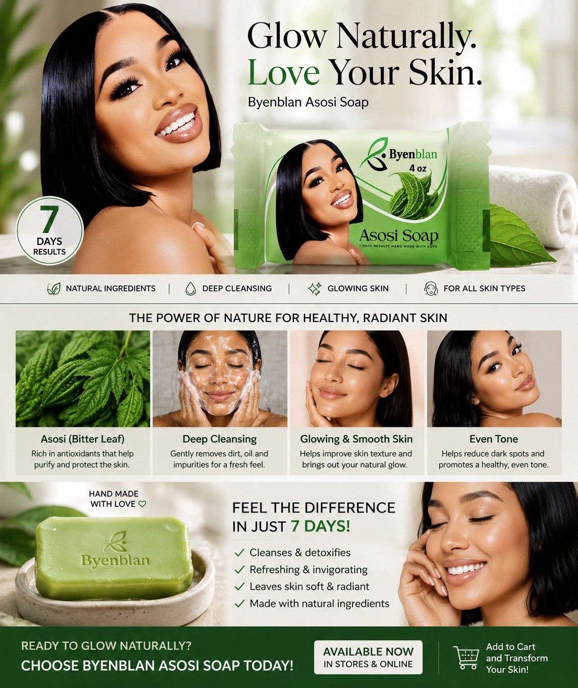 Byenblan Asosi Soap 7oz All Natural Bar Soap, Face & Body, Herbal Green