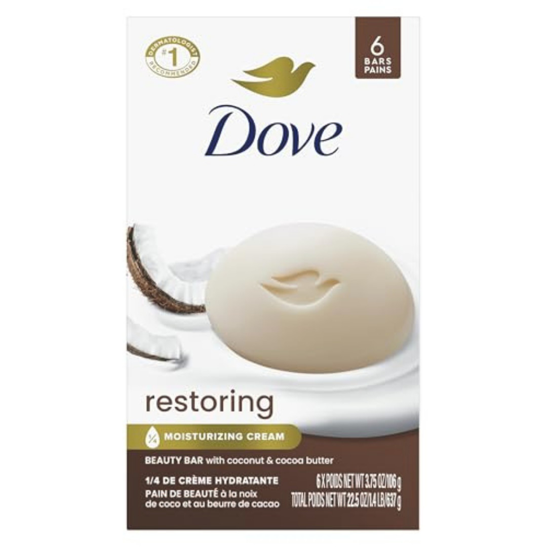 Dove Beauty Bar Soap Restoring Coconut & Cocoa Butter 6 Count for Restored Skin,