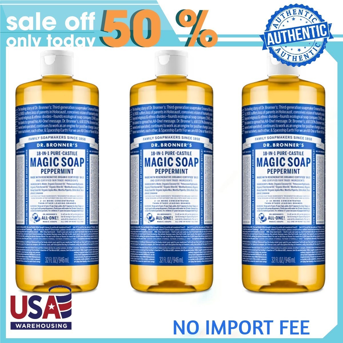 Dr. Bronner’s Pure-Castile Liquid Soap – Peppermint – 32 oz Pack Of 3