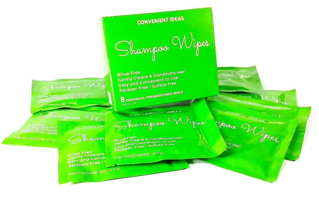 One Box-(8) Rinse Free Shampoo Wipes No Water Hair Cleanse Travel Packets