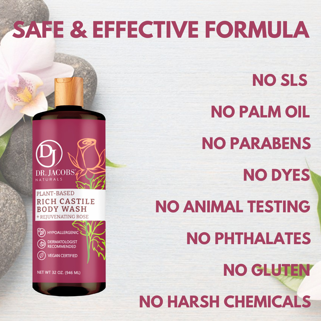 Dr Jacobs Naturals 32oz Rose Castile Body Wash Soap Plant-Based