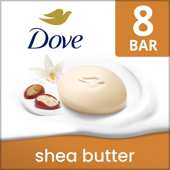 Dove Beauty Bar Soap Shea Butter, 8 Bars for Nourished, Radiant Skin, Enriches S