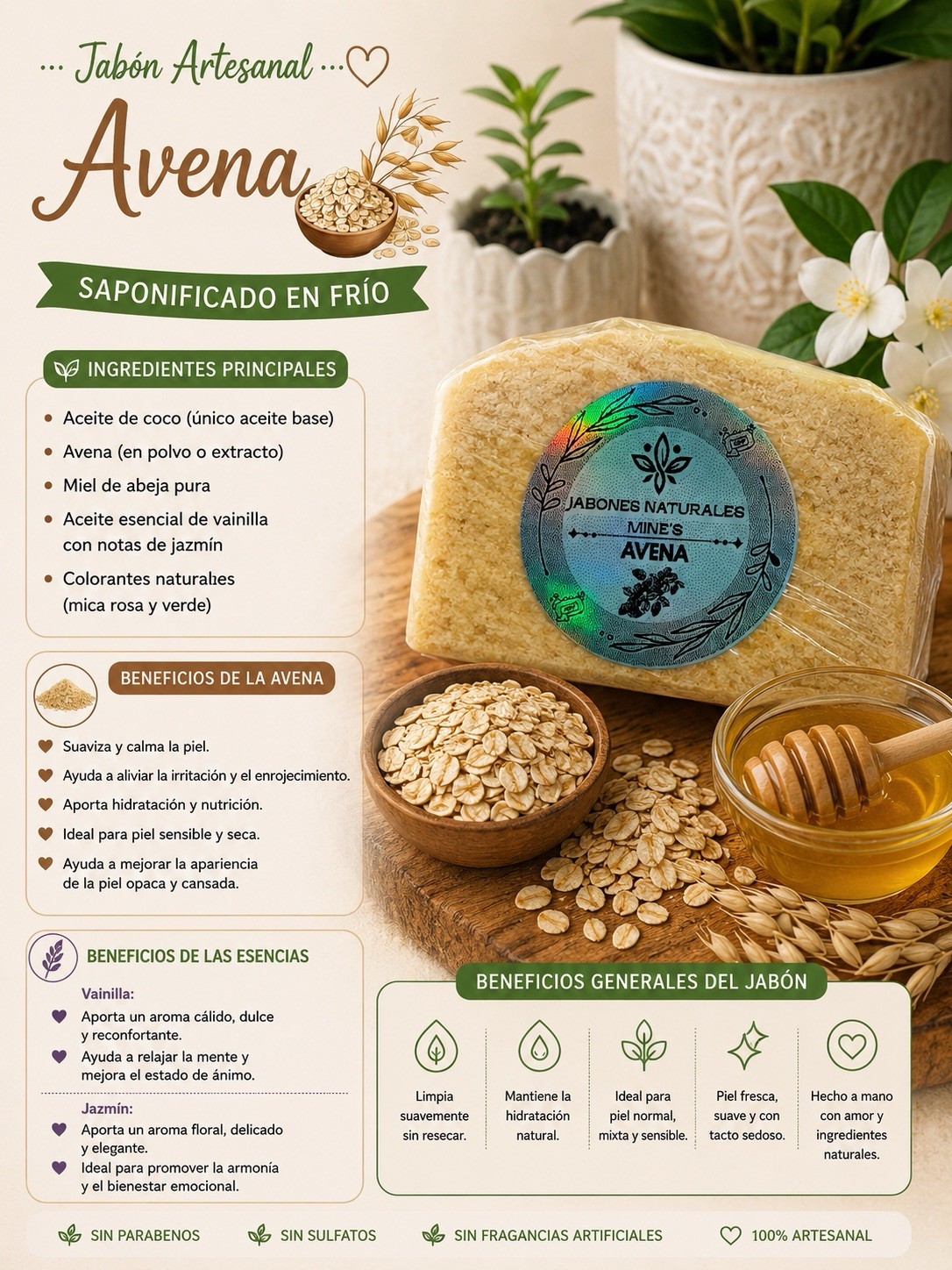 Jabones Naturales Mine’s Handmade All Natural arrozOatmeal Soap, Vanilla Scent