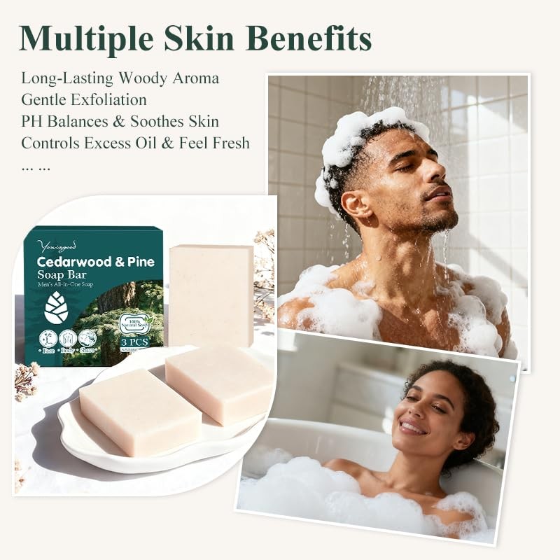 3 PCS Cedar Wood Pine Soap Bar, All-in-One Bath Cleanser for Face, Body, Shav…