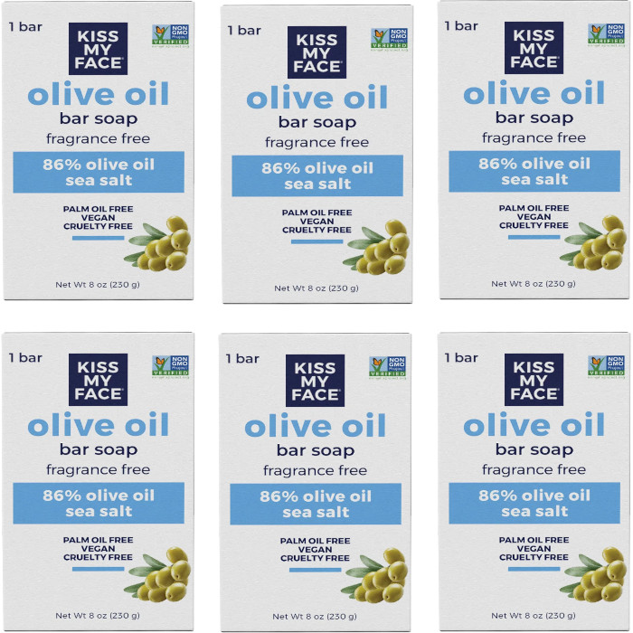 Kiss My Face Olive Oil Bar Soap Fragrance Free 8 oz Each (Pack of 6)
