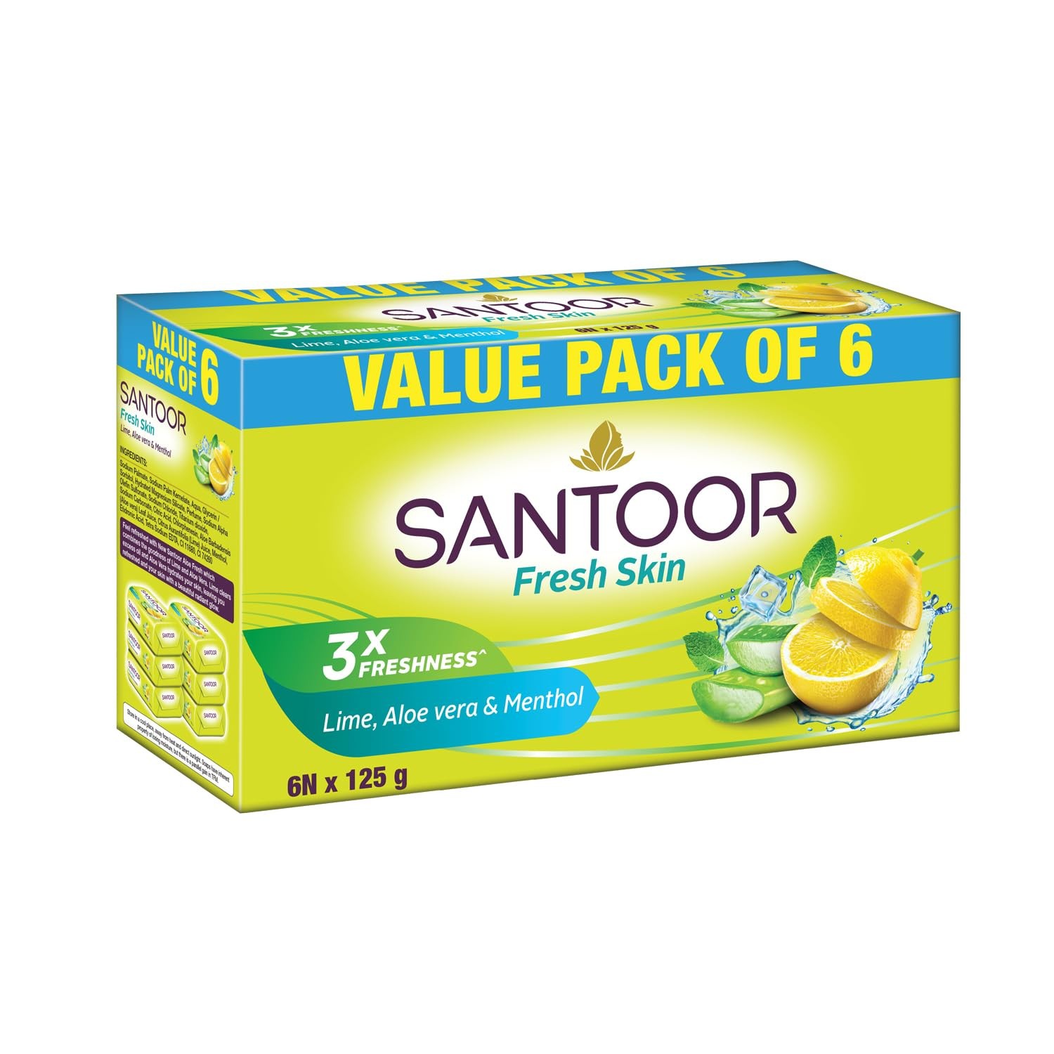 Santoor Aloe Vera & Lime Soap 125g X 6 | Fresh Skin Anti-Aging Soft Smooth