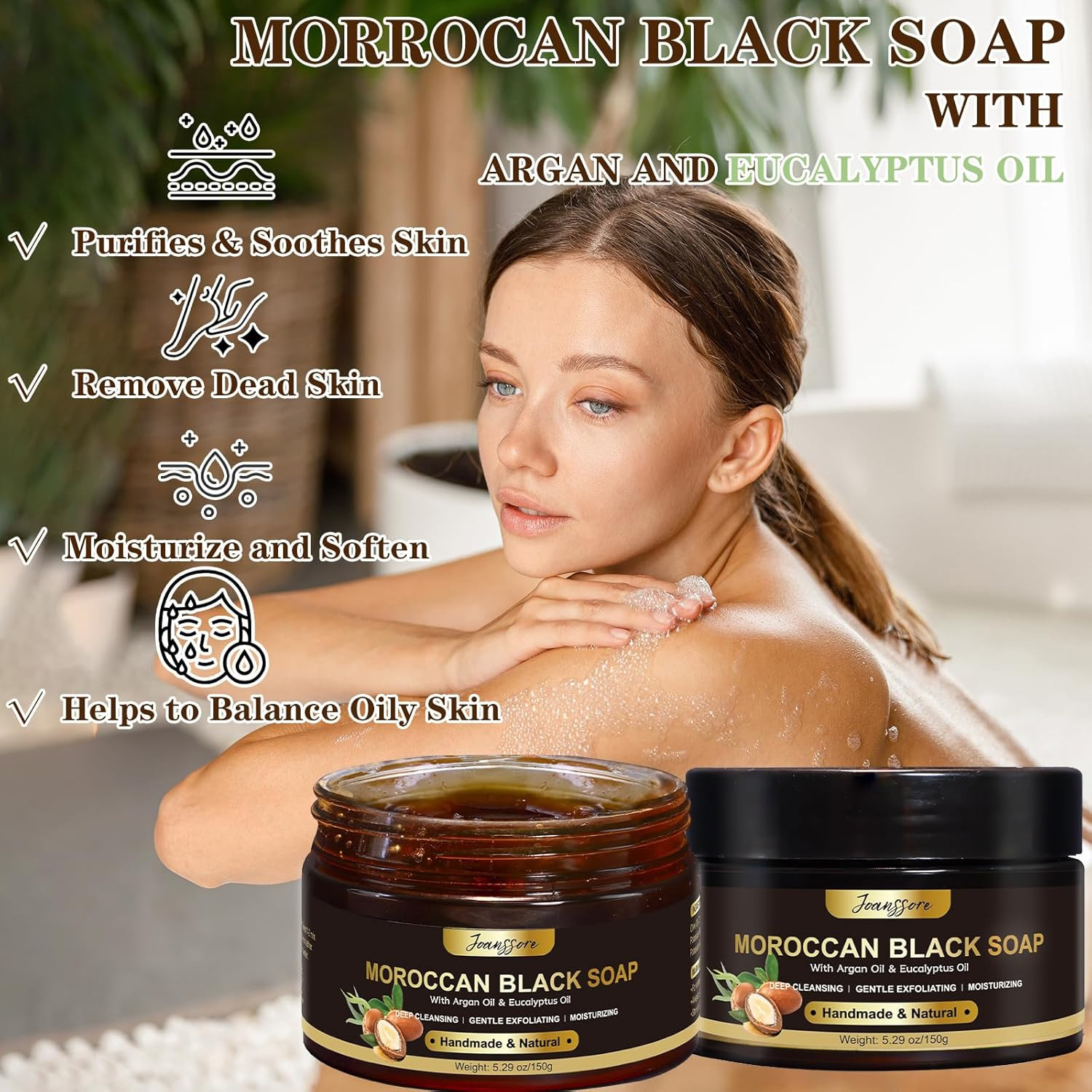 2 Pack Moroccan Black Soap Hammam, Morocco Body Scrub with Exfoliating Glove, Ex