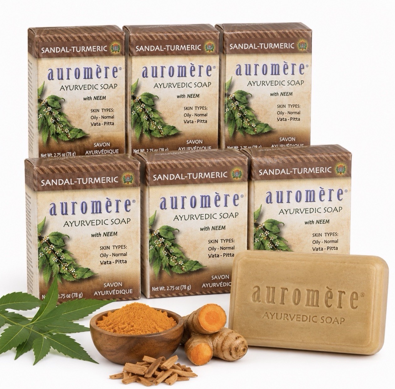 Auromere Ayurvedic Sandal Turmeric Soap 2.75 oz Vegan Neem – 6 Pack