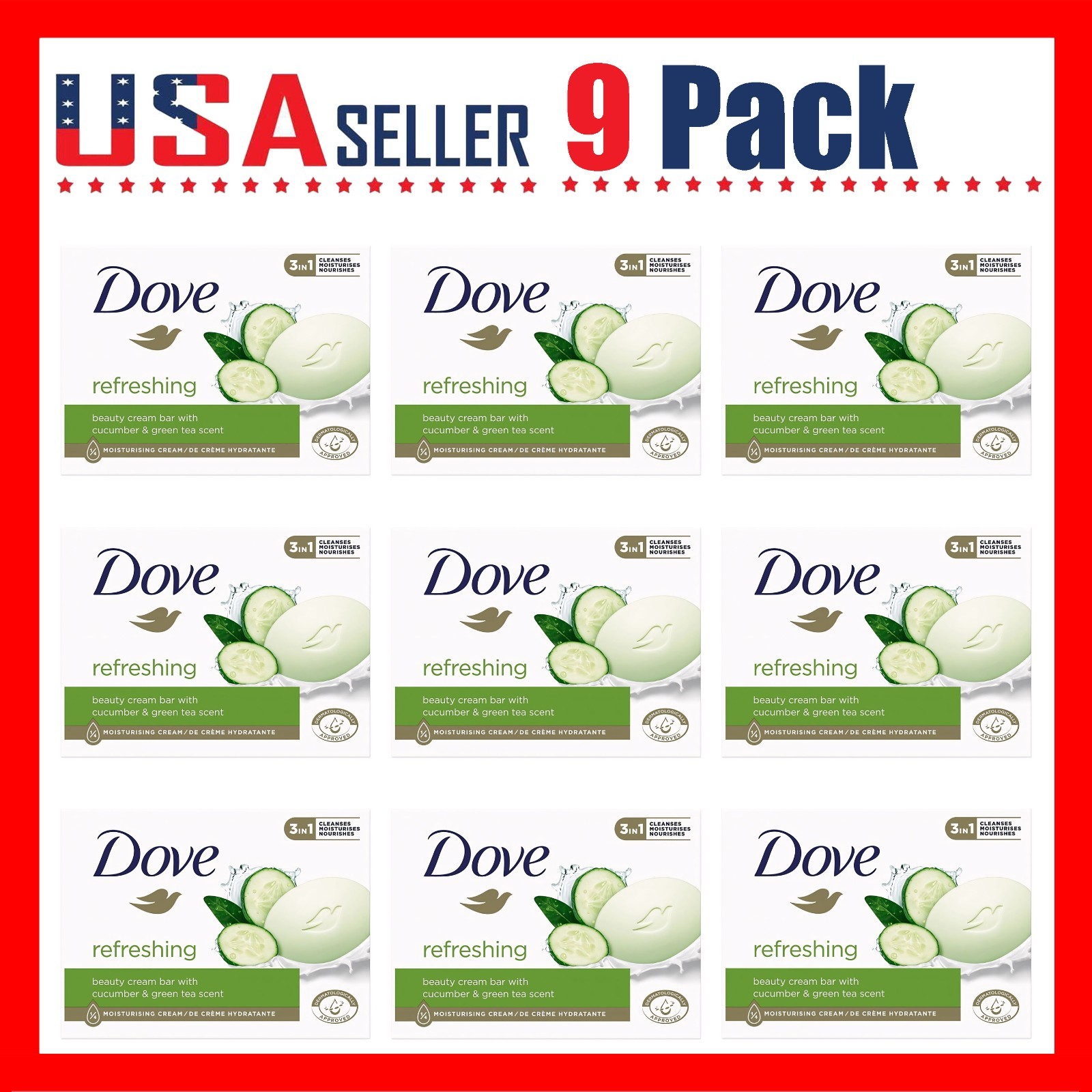 Dove Cool Moisture Cucumber & Green Tea x [9 Pack] x 135 g Beauty Bar Soap