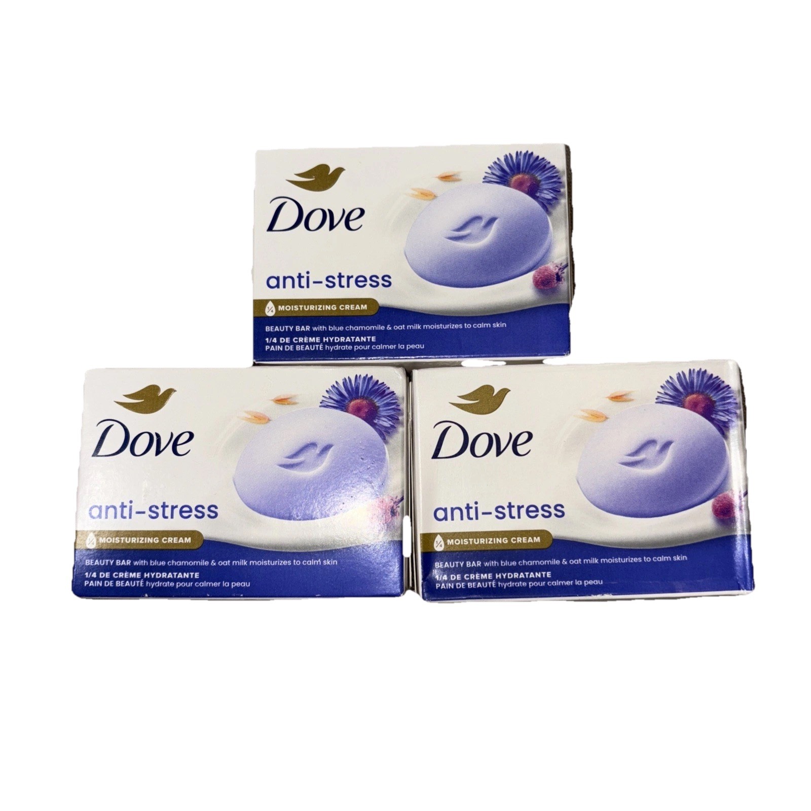 Dove Anti Stress Beauty Bar Soap Blue Chamomile and Oat Milk 3) 3.75OZ Bars New