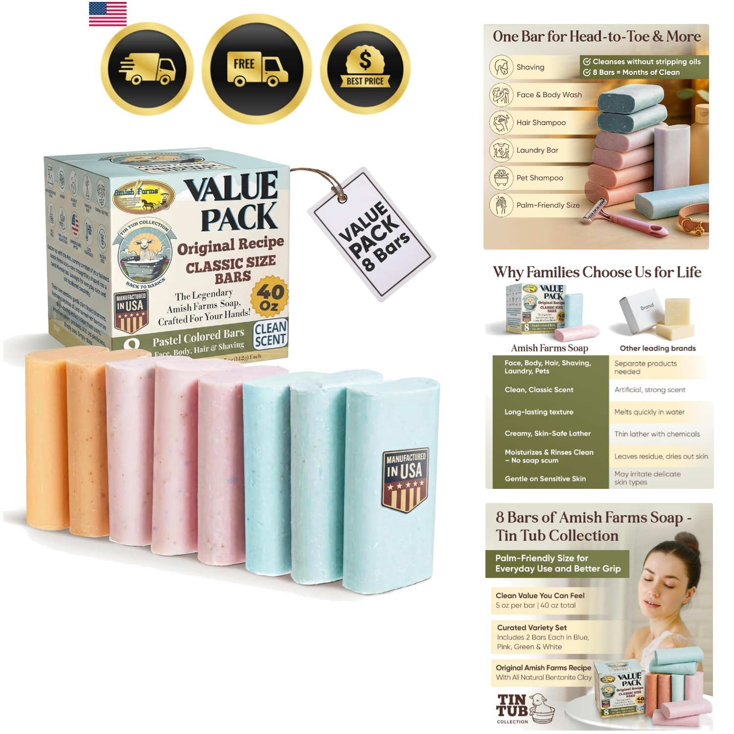 Soap 8-Bar Value Pack – Easy-Grip Hydrating Bars 5 oz Each, 2.5 lb Made for …