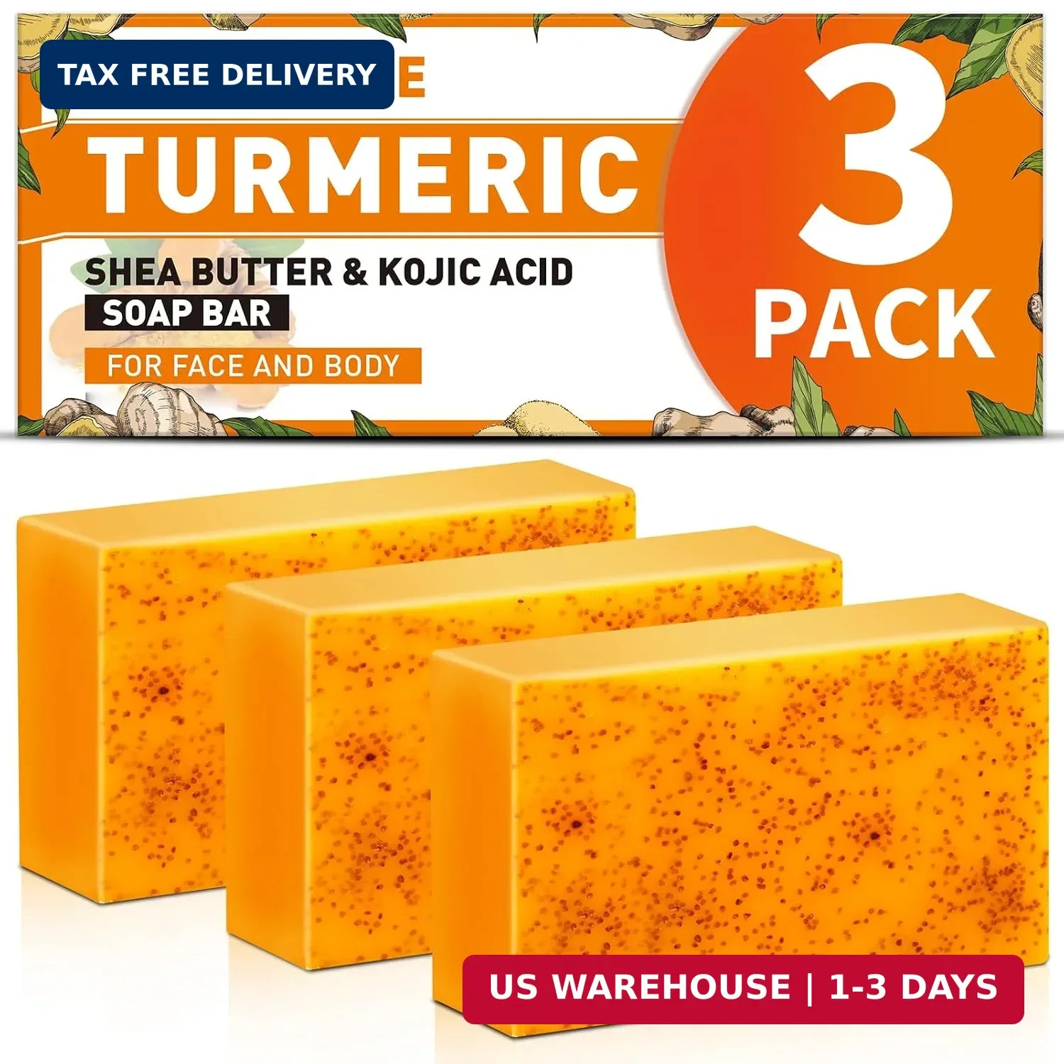 3 Pack Turmeric Kojic Acid Soap Bar Retinol Collagen Vitamin E Skin Brightening