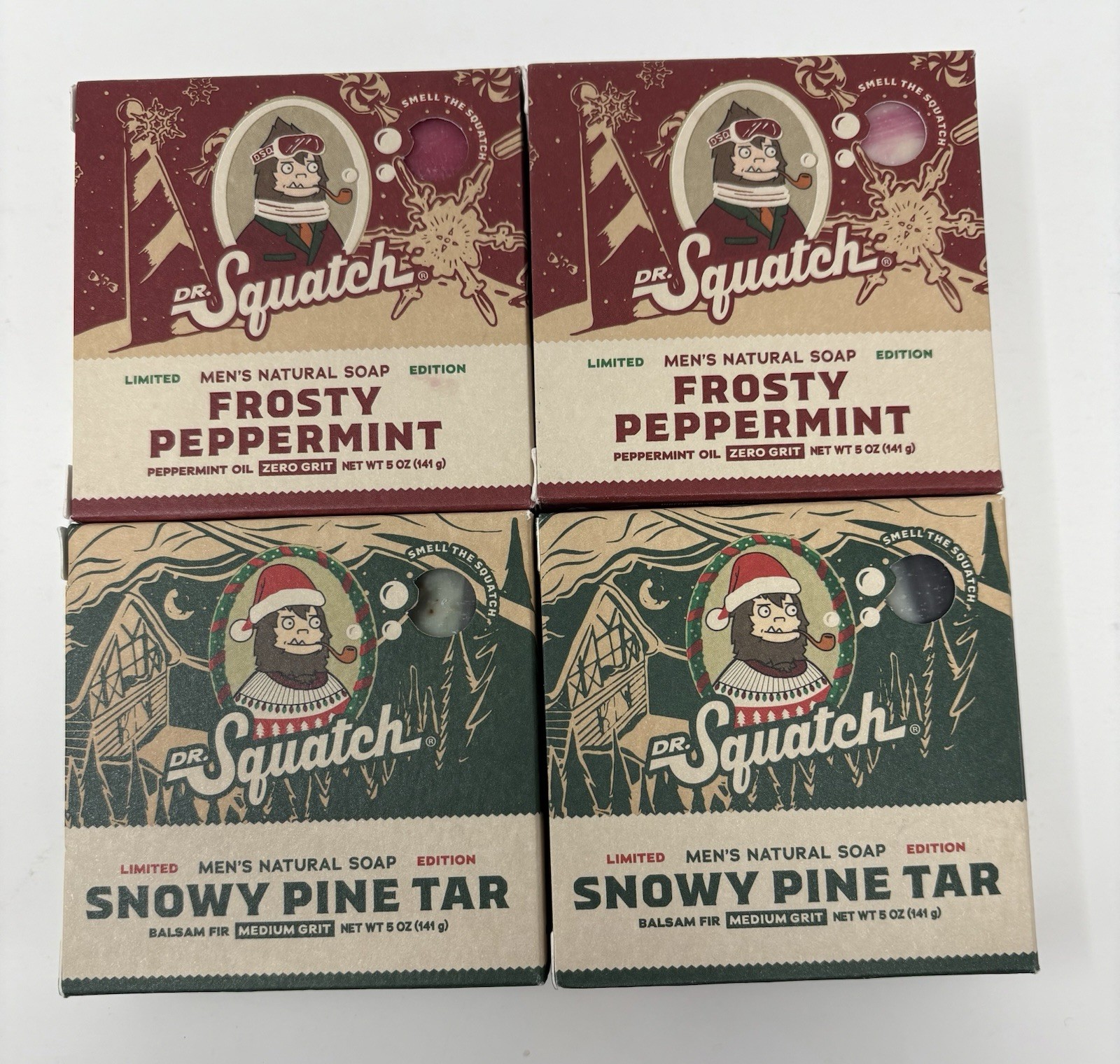Lot of 4 Dr Squatch Christmas Limited Edition Snowy Pine Tar & Frosty Peppermint