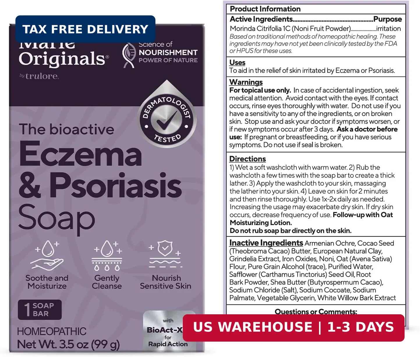 Marie Originals Eczema Face Soap Body Wash Bar – All Natural Psoriasis, Dermatit