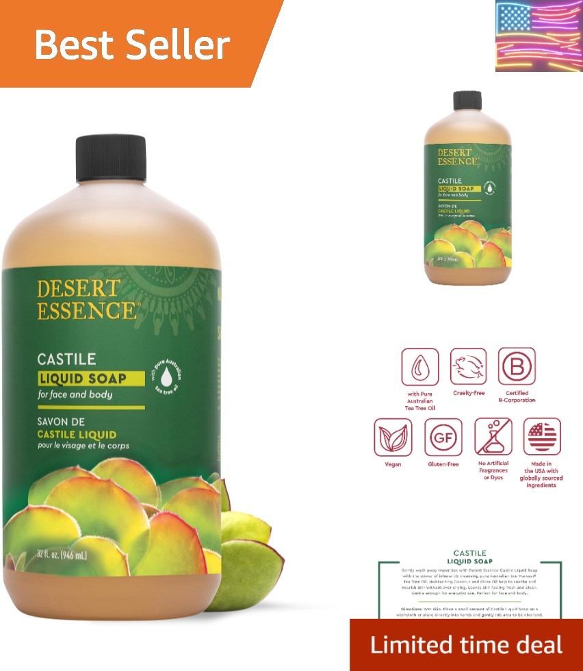 Castile Liquid Soap with Eco-Harvest Tea Tree Oil, 32 Fl Oz Face & Body .