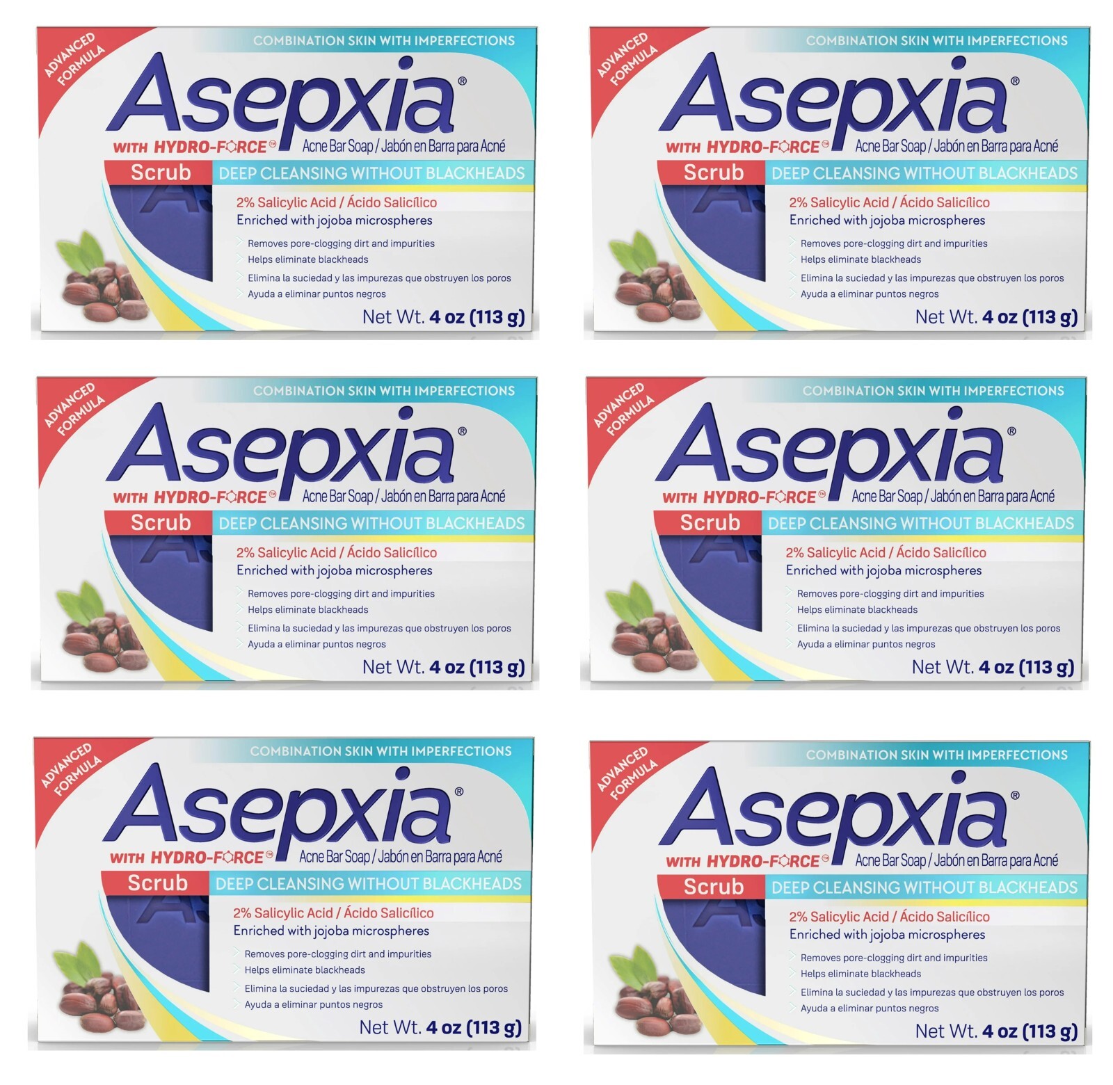 6-Pack Asepxia Acne Scrub Bar Soap with 2% Salicylic Acid – Deep Cleansing 4 oz