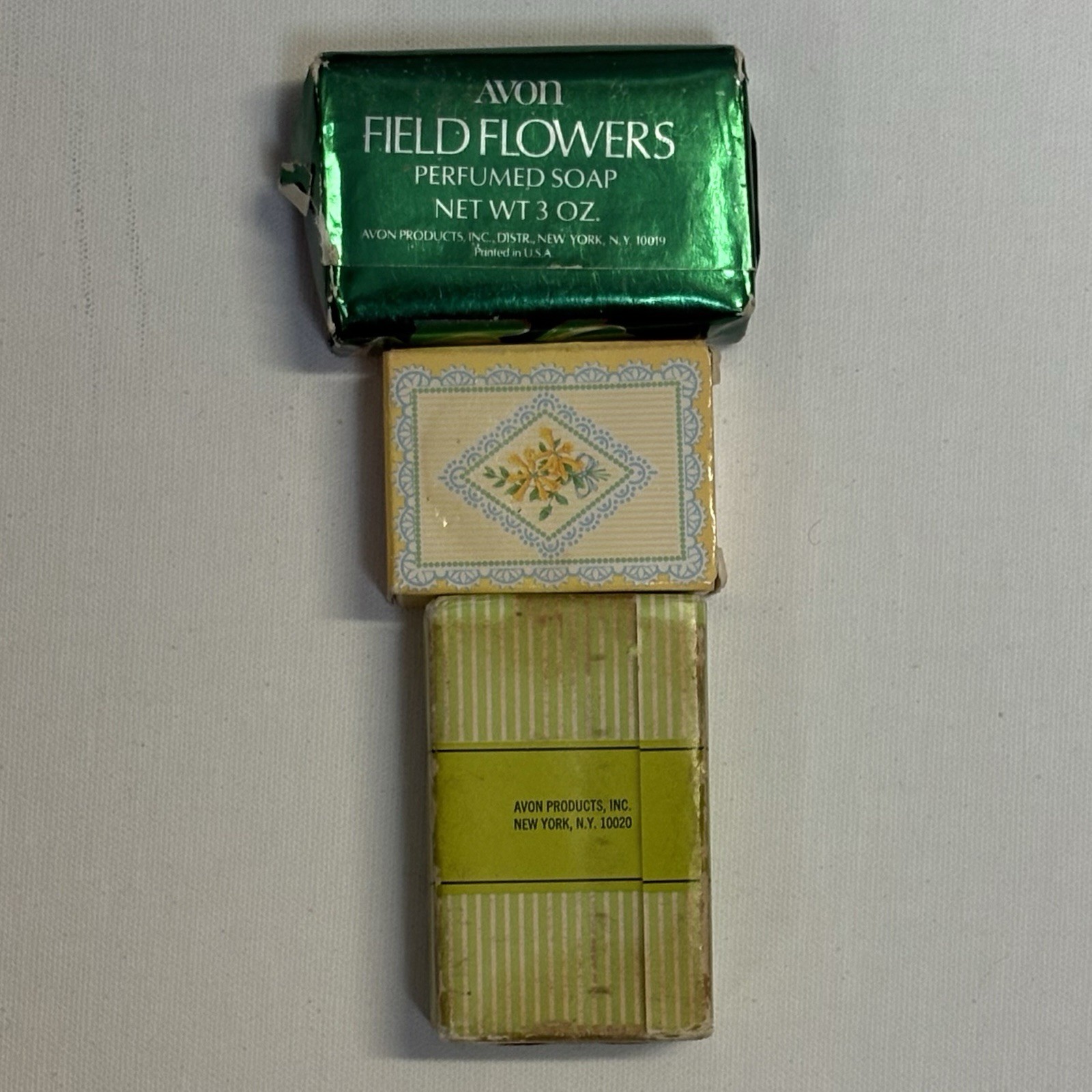 Three Vtg Small Avon Soaps 3 oz. Mint, 1 oz. Honeysuckle, 3 oz. Field Flowers