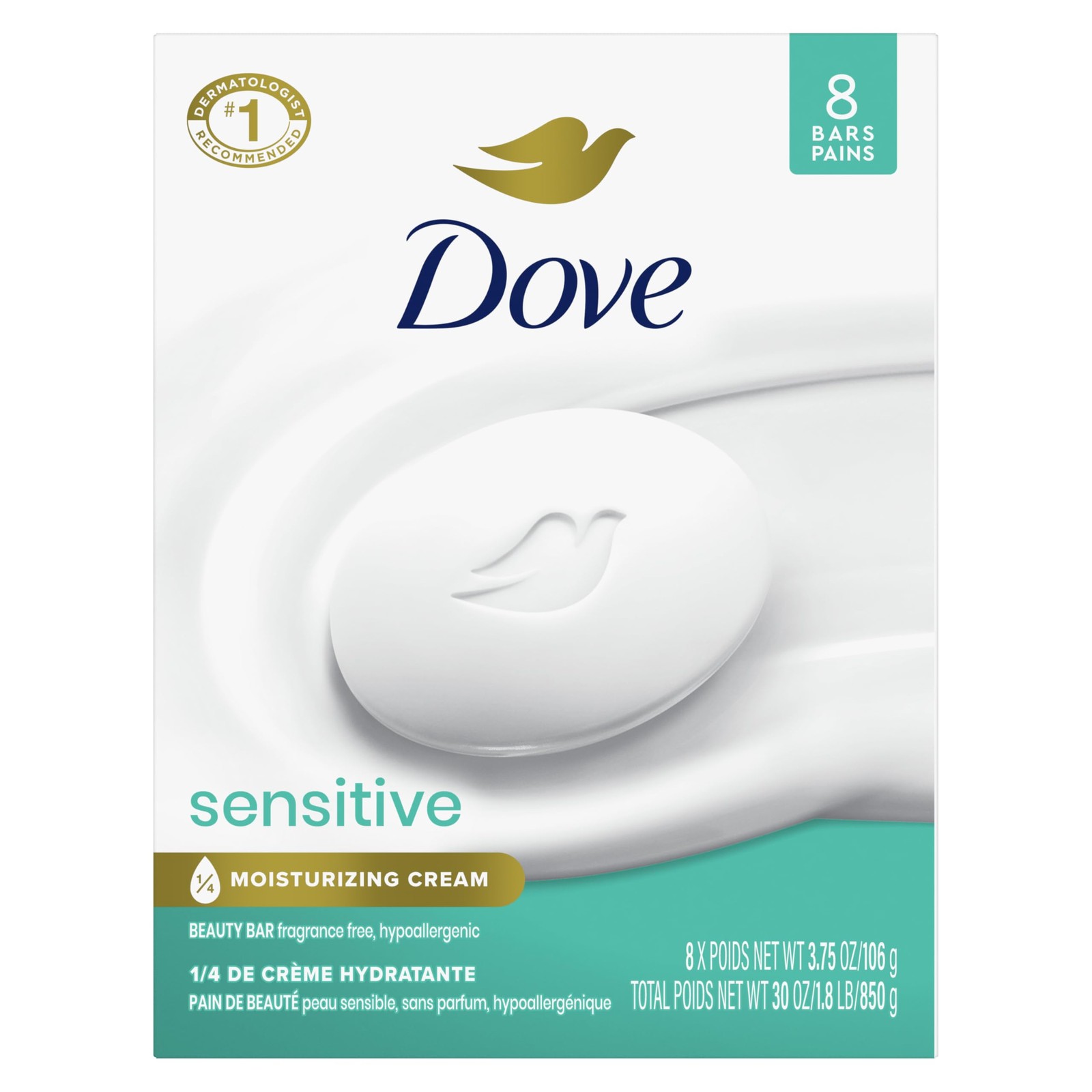 Dove Beauty Bar Soap Sensitive 8 Bars for Sensitive Skin Fragrance Free and