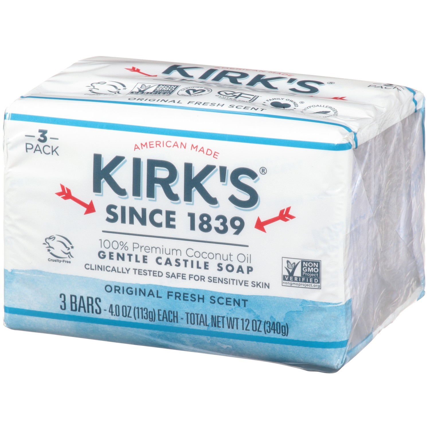 Kirk’s Natural Castile Soap, Original, Clean Smelling, USA Made, 4 Oz, Pack of 3