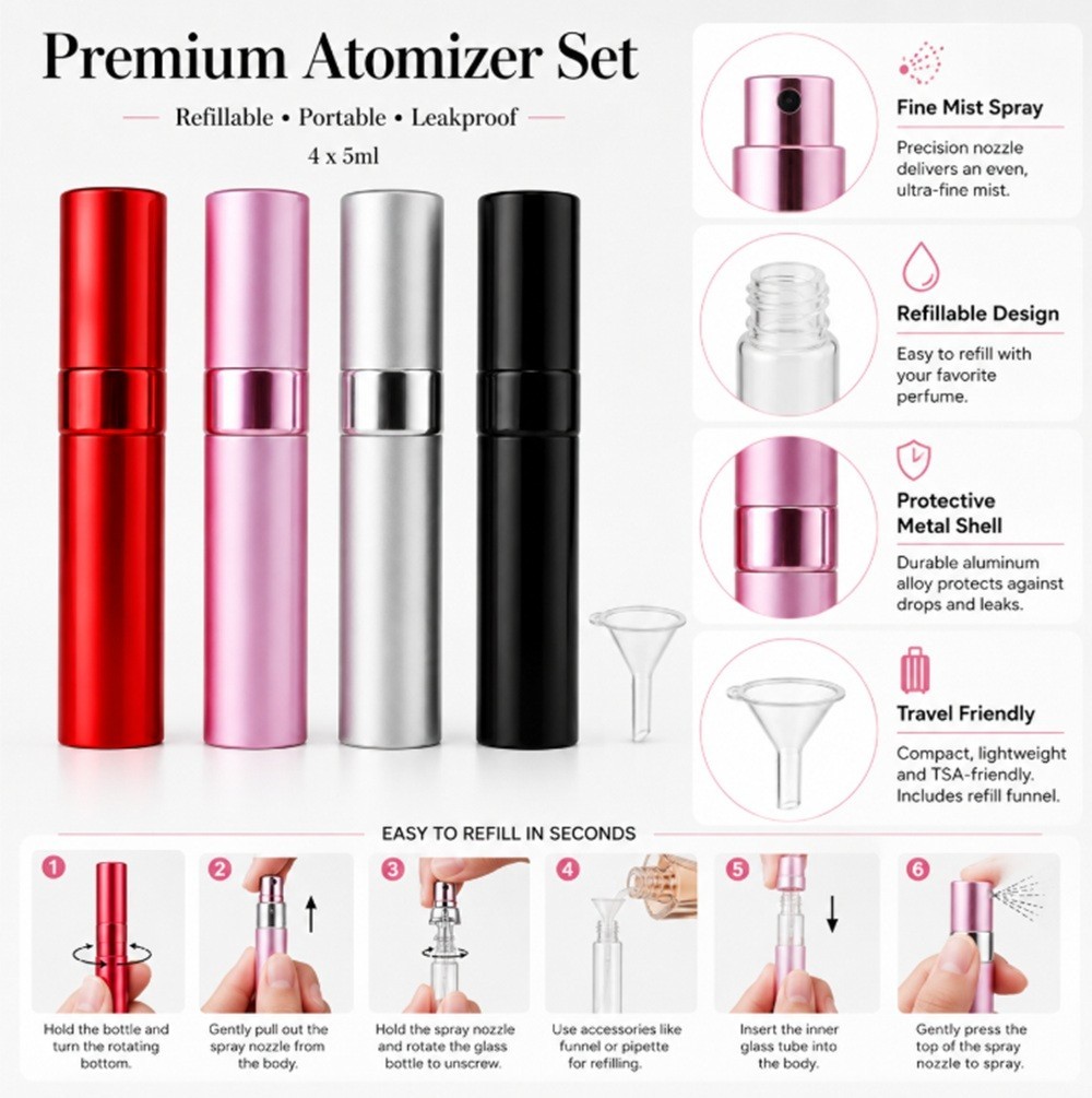 8ML Rotating Aluminum Perfume Mist Spray-Mini Refillable Travel Perfume Atomizer