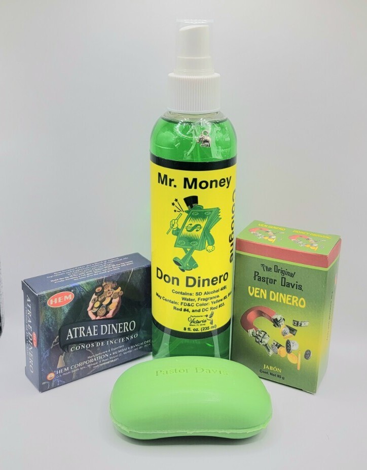LLAMA DINERO KIT COLONIA JABON INCIENSO AMULETO ORACION E INSTRUCCIONES INCLUIDA