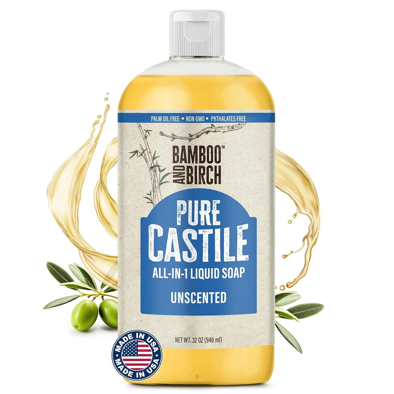 Pure Castile Soap Liquid, Certified Palm Oil Free Natural Soap, Unscented, 32 Oz