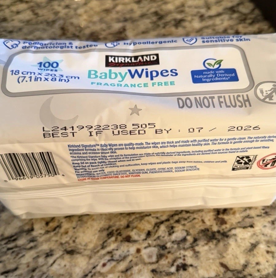 Kirkland 100 Baby Wipes Re-sealable Non-flushable Dated: 07/2026 Hypoallergenic