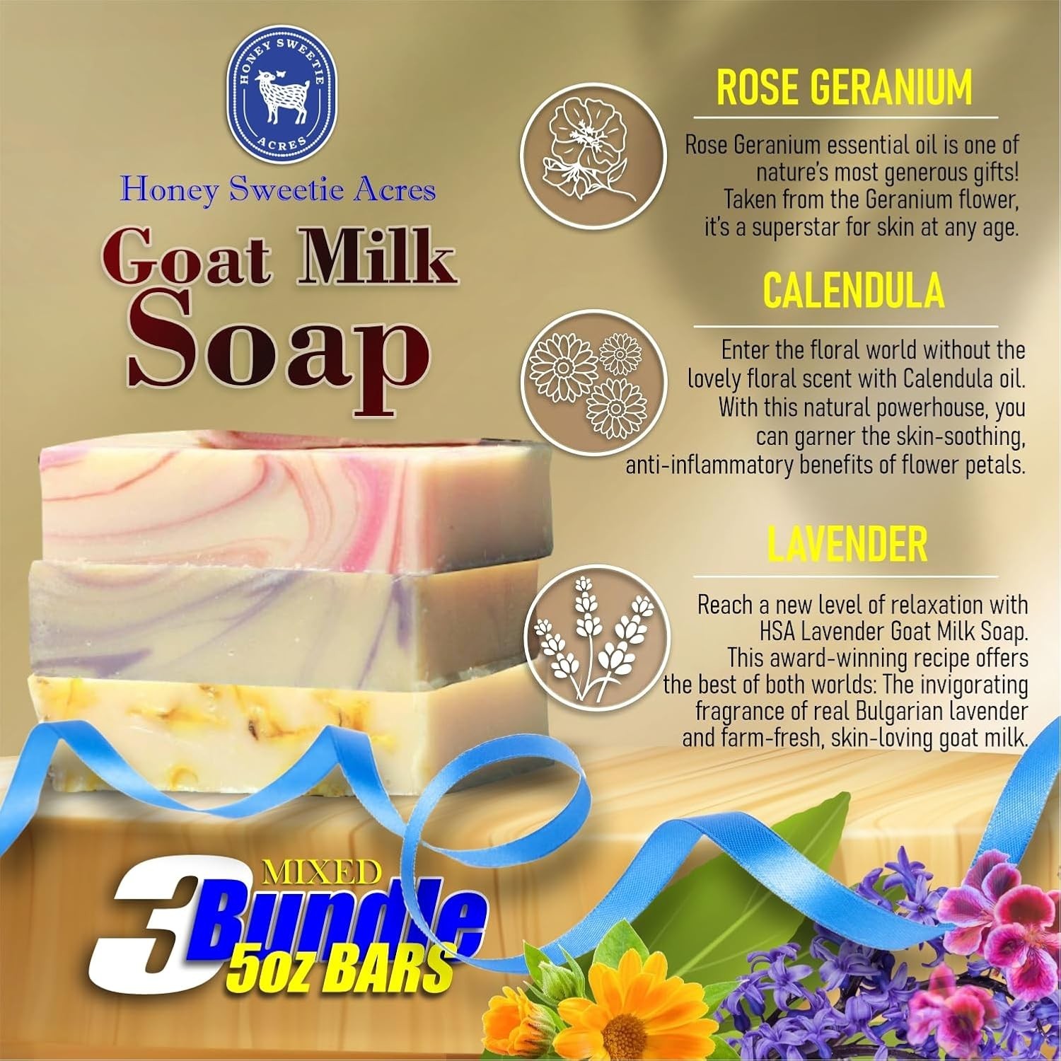 Honey Sweetie Acres 3-Pack Handcrafted Goat Milk Soap Floral Spring Scents