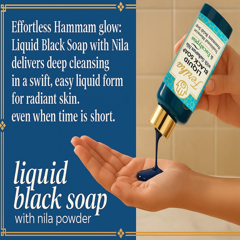 Moroccan Liquid Black Soap with Saharan Nila and Eucalyptus – Traditional Ham…