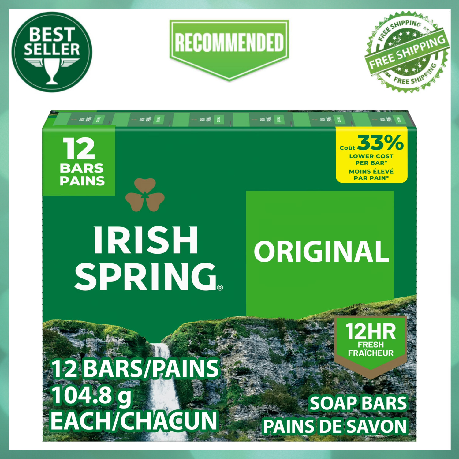 Irish Spring Bar Soap for Men, Original Clean Mens Bar Soap, 12 Pack, 3.7 Oz